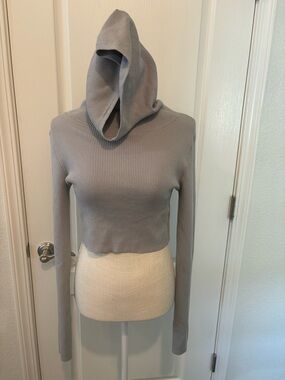 Live The Process Cropped Hooded Ribbed Turtleneck - Light Gray/blue